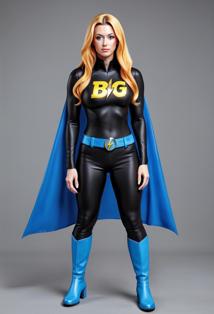 BuzzGirl, wearing black and yellow BGsuit, blue belt, blue boots, blue cape