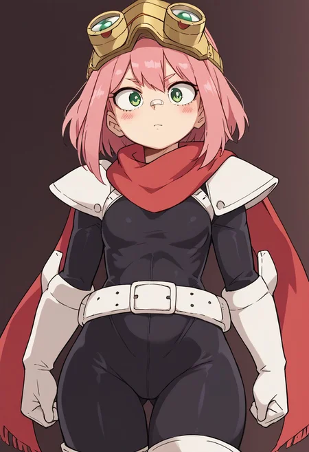 score_9, score_8_up, score_7_up, score_6_up, source_anime, ultra quality, anime screencap, closer view, (/my hero academia style), 1girl, pink hair, very short hair, green eyes, white plaster on nose, red hood on head, goggle, red long scarf, black latex suit, fullbody suit, armor white gloves, armor knee-high white boots, armor white belt, white shoulder pads, wide hips, small breasts, standing