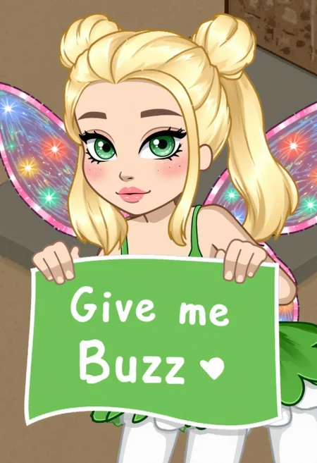 A realistic anime-style teenage girl with a curvy physique is centered in the frame, displaying blonde hair styled in twintails with a soft bob cut that perfectly frames her face. Her piercing green eyes, featuring slit pupils, gaze shyly at the viewer with a subtle blush across her cheeks, adding to her endearing expression. She wears white tights that sharply contrast with her vibrant, playful outfit. She leans forward slightly, holding a sign that reads "Give me Buzz" in delicate hands, focusing on precise hand placement. The scene resembles a high-quality anime screencap, incorporating the playful and immersive styles of Woozworld and TinkerWaifu. She is adorned with delicate fairy wings, a hint of blue in her eyes, and a green dress that complements her expression, while a single hair bun adds flair to her twintail look. Highly detailed and photorealistic rendering.