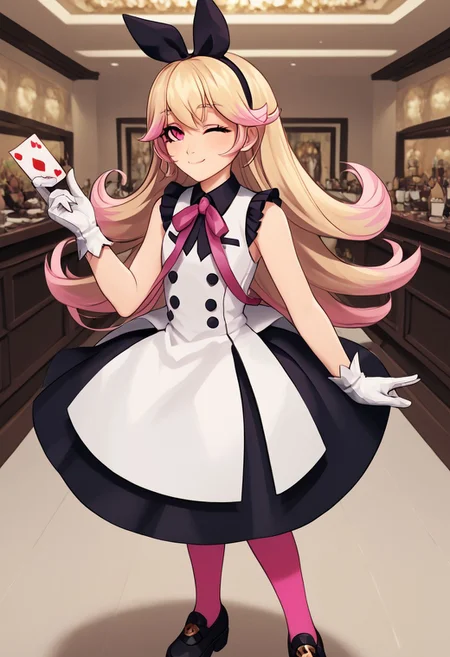 score_4,score_5,score_6,score_7_up,score_8_up,score_9
((masterpiece,best quality,ultra detailed,highres,HD,4k:1.2)),
1girl,solo,
dark pink eyes, blonde hair, long hair, hairband, ribbon, multicolored hair, pink hair tips, bangs, ribbon on clothes, pink pantyhose, white gloves, gloves, sleeveless dress, frilly dress, black footwear, black shoes,
standing,Indoors, luxurious interiors,holding a playing card, smile, wink,