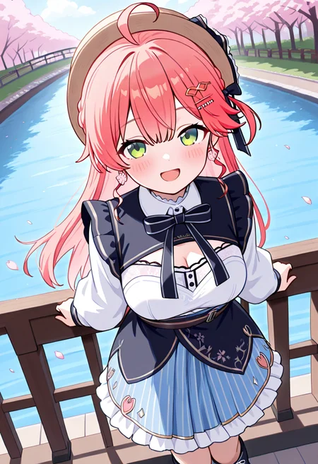 masterpiece,best quality,absurdres,perfect lighting,outdoors,bridge,river,cherry blossoms,petals,
*//*,<lora:Sakura_Miko-Illustrious:1>,sakumiko_1offset,1girl,solo,sakura miko,virtual youtuber,green eyes,pink hair,long hair,bangs,ahoge,hair ornament,hairclip,cleavage cutout,official alternate costume,alternate costume,long sleeves,dress,layered skirt,white shirt,striped skirt,blue skirt,frilled skirt,hat,boots,black footwear,earrings,jewelry,
*//*,looking at viewer,cowboy shot,dutch angle,smile,open mouth,looking up,leaning on rail