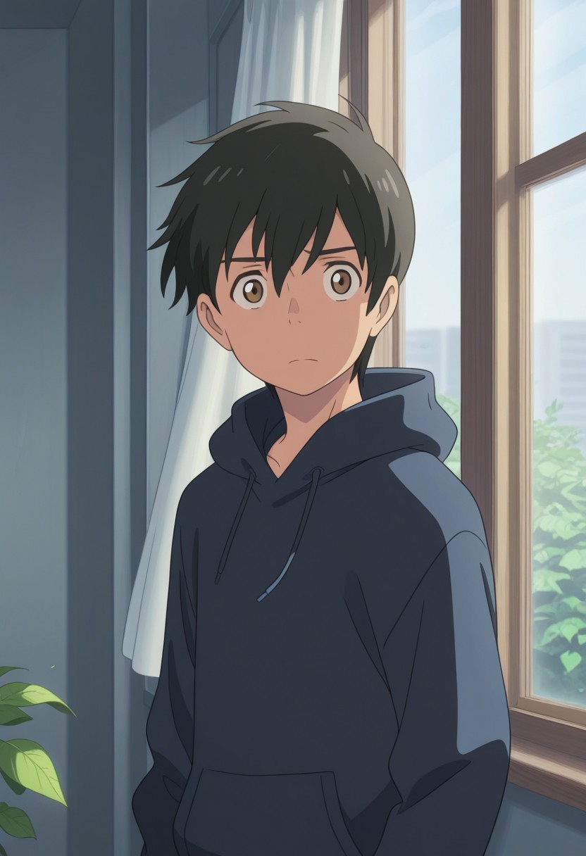 masterpiece,best quality,amazing quality, source_anime,
HodakaMorishima, 1boy, male focus, solo, brown eyes, black hair,  hood, hoodie, upper body, indoors, hair between eyes, window, wind, leaf,