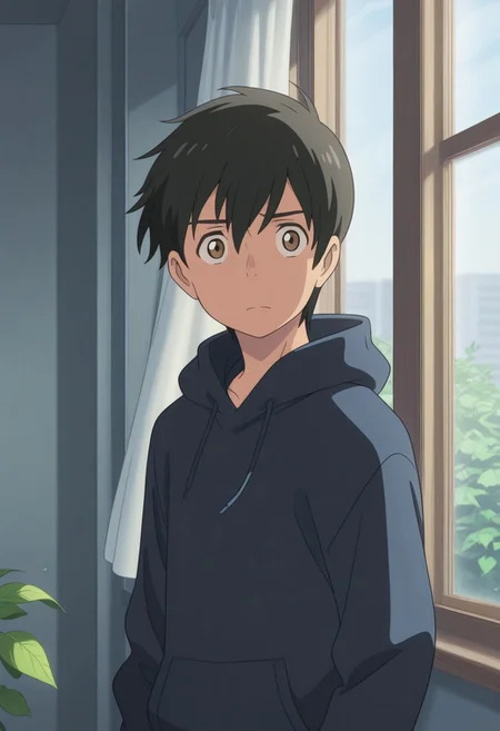 masterpiece,best quality,amazing quality, source_anime,
HodakaMorishima, 1boy, male focus, solo, brown eyes, black hair, hood, hoodie, upper body, indoors, hair between eyes, window, wind, leaf,