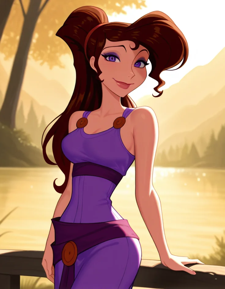 masterpiece, best quality, amazing quality, very aesthetic, absurdres, newest, detailed background, cowboy shot, 4k, 8k, outdoors,
megaraxd, 1girl, solo, long hair, brown hair, makeup, purple eyes, lips, purple dress, medium breasts, smile, looking at viewer,
<lora:Megara_-_Disney_Illustrious:1>
