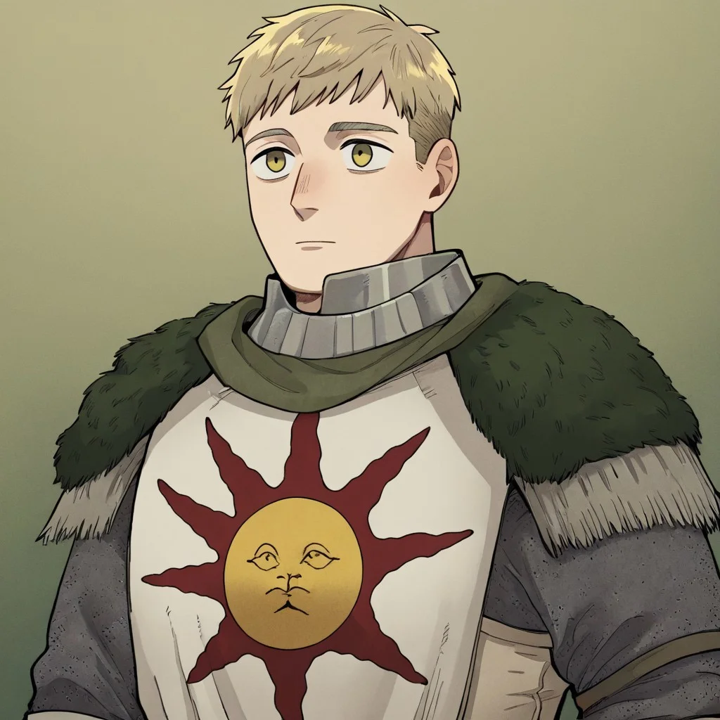masterpiece, best quality, newest, absurdres, highres, anime, anime style, 1boy, laios touden \(dungeon meshi\), blonde hair, short hair, armor, SOA-ARMOR-V1.0, armor, sun symbol, chainmail, full armor,