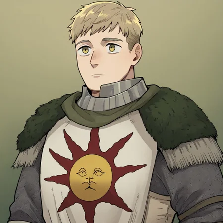 masterpiece, best quality, newest, absurdres, highres, anime, anime style, 1boy, laios touden \(dungeon meshi\), blonde hair, short hair, armor, SOA-ARMOR-V1.0, armor, sun symbol, chainmail, full armor,