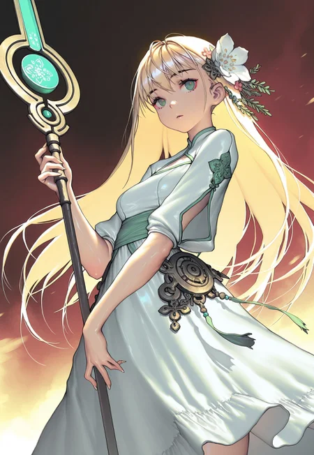 (chyoel:0.5),(iuui:1.3),(aochoku:0.65),(jima:0.4),(shanyao jiang tororo:0.4),(kim hyung tae:1.3),
1girl, staff, long hair, solo, hair ornament, blonde hair, flower, green eyes, dress, holding, hair flower, weapon ,
,masterpiece,best quality,amazing quality,