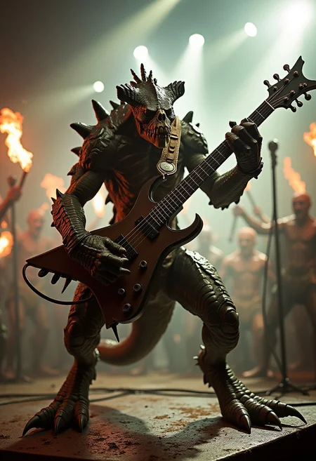 A Deathclaw stands on its hind legs in a wild, aggressive pose, gripping a jagged, improvised electric guitar made from scrap metal and wires. Its claws are slashing the strings with raw intensity, creating sparks, while its tail thumps the ground like a drumbeat. No humanoid clothing—just its natural terrifying look enhanced by glowing war paint and bone piercings. The stage is made of rusted metal, surrounded by roaring super mutants and ghouls waving flaming torches. Spotlight beams cut through a smoky, post-apocalyptic haze, amplifying the chaotic energy