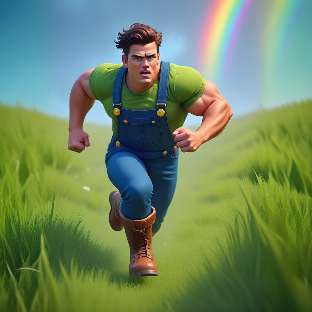 trbbubby, bubbyhero, tbrbubbyhero, "Illustration of a young muscular man running across a grassy field, arms pumping and legs striding forward. He wears a snug green t-shirt, blue overalls with yellow buttons, and brown boots. His muscular arms and broad chest are highlighted, his powerful legs propelling him forward. His dark brown hair flows slightly with the motion, and his blue eyes are focused with determination. His strong jawline and big chin give him a heroic look. The background consists of rolling green fields, a bright blue sky, and a vibrant rainbow. The slight motion blur adds energy to the scene. His boots are well-worn, kicking up small tufts of grass as he runs. The perspective is dynamic, slightly low, emphasizing his movement and athleticism. The composition conveys action and power, capturing his adventurous and heroic spirit in an energetic stance."