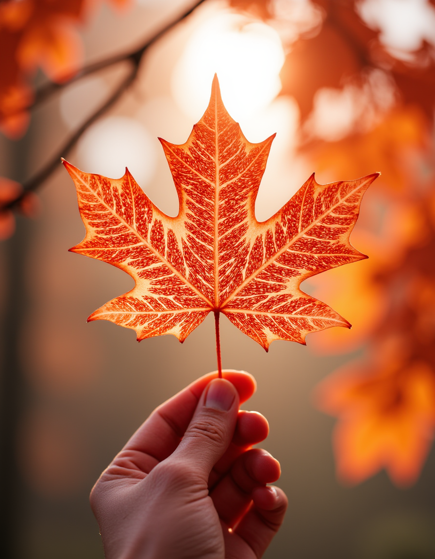 Close-up of a maple leaf being held up by a hand against the sunlight. The maple leaf is made of translucent meat, emphasize the finely detailed veins of the leaf, white variegation. Bokeh. Warm autumn background, red-orange theme. Soft focus.