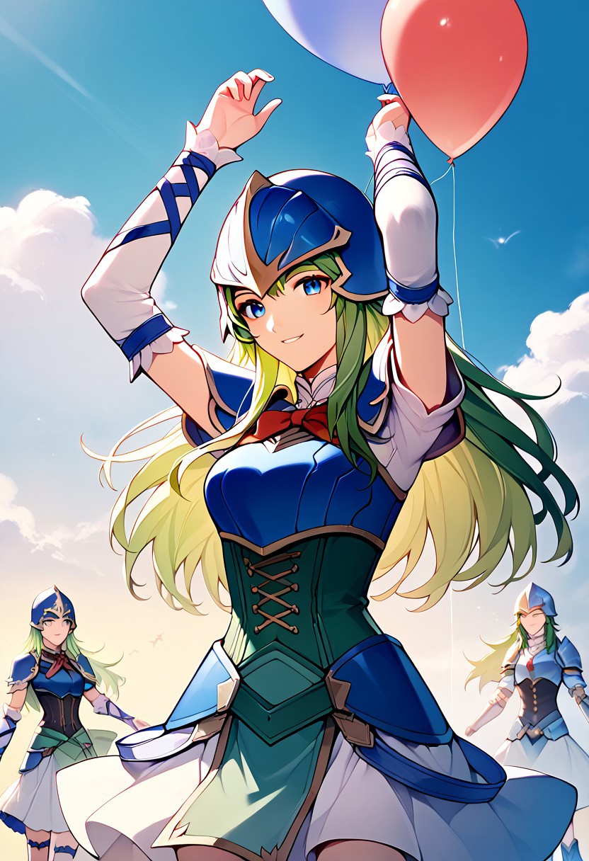 score_9, score_8_up, score_7_up, highres, (best quality:1.1), masterpiece, absurdes, multiple girls, utdoors, sky, solo focus, day, cloud, 1girl,  blue sky,balloon, roller coaster,NepheneeFEXL, blue eyes, green hair, long hair, sidelocks, medium breasts, blue armor, blue helmet, shoulder armor, breastplate, green corset, green loincloth, white sleeve, detached sleeve, guantlets, white skirt, blue thigh boots, arms up smile,(upper body:1.1)