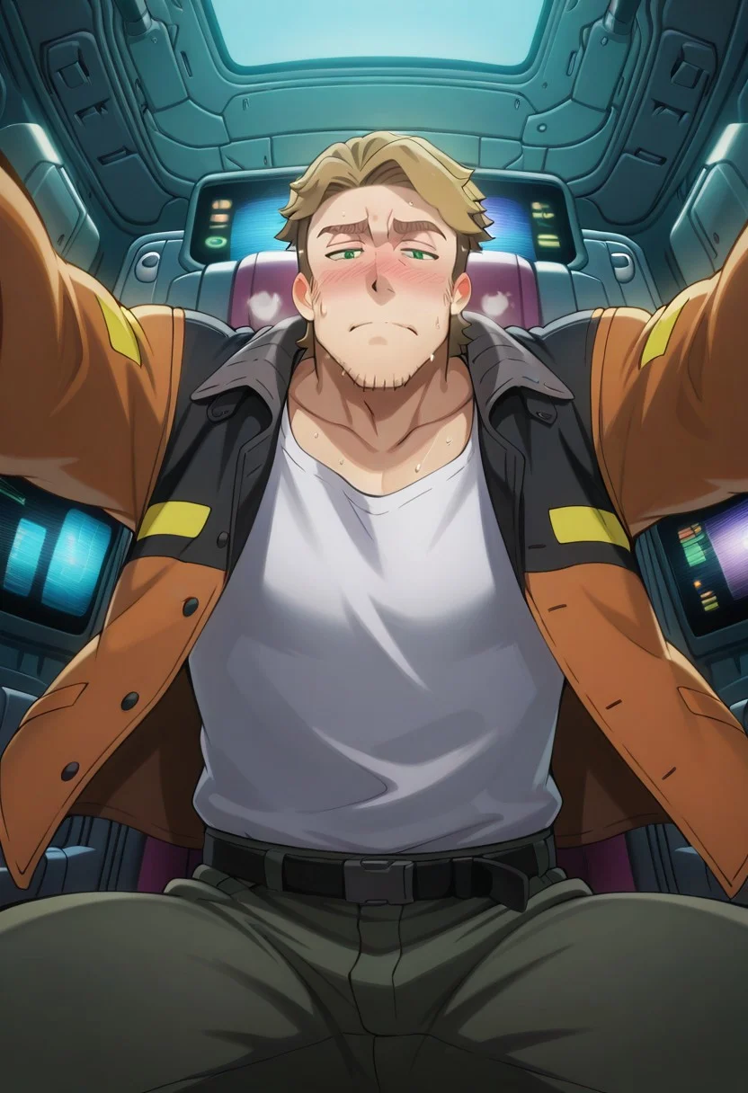 safe_pos, score_9, score_8_up, score_7_up, score_6_up, perfect anatomy, perfect proportions, best quality, masterpiece, high_resolution, high quality, best aesthetic, incredibly absurdres, highres, extremely detailed, huge filesize, solo male, adult, mature, masculine, manly, handsome, charming, alluring, seductive, heroic, triumphant, grim, stern, upper body, dutch angle, cowboy shot, source_anime \(Sakugan\), anime coloring \(Sakugan\), Gagumber, SKGGagumber, brown hair, two-tone hair, sideburns, facial hair, stubble, green eyes, thick eyebrows, SKGGagumber_outfit01, white tank top, orange high-visibility bomber jacket, open jacket, black gloves, green work pants, mecha cockpit, operator's seat, mecha joystick, multiple monitor screen, science fiction, sexy, on top of viewer focus, legs apart, male focus, leaning forward, looking at viewer, serious, unhappy, nervous, bashful, blushing, sweating, blurred background, upper body, dutch angle, realistic shading, day, natural lighting, expressive face, looking down at viewer, bend over, ceiling, from below, dutch angle, dynamic angle, foreshortening, pov, intricately detailed illustration, atmospheric perspective, depth of field, newest, heavy breathing, sweatdrop, steamy,
