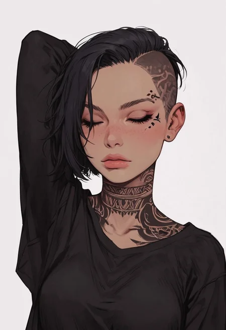 score_9, score_8_up, score_7_up, high detailed, high quality, masterpiece, no text,
quality highlights, 8k detail,
detailed background, source_anime,
dynamic view, hentai, ultra-detailed,
...
1girl, (((solo))), female focus, expressiveh,
(18 years old), ((black eyes)),
(black hair), (short hair), ((shaved side haircut)),
beauty face, seductive, face freckles,
gorgeous, seductive,
(hourglass body), (small breasts), short body,
(((bare neck))), (fit body),
(incredibly sexy), dynamic pose,
((tribal black tattoos)), ((facial tattoo)),
...
(black sweater), ((bare neck)), collarbone,
closed mouth, posing, closed eyes
(((upper body))), side view, standing,
focus on face, ((hand behind head)),
...
(((white background)))