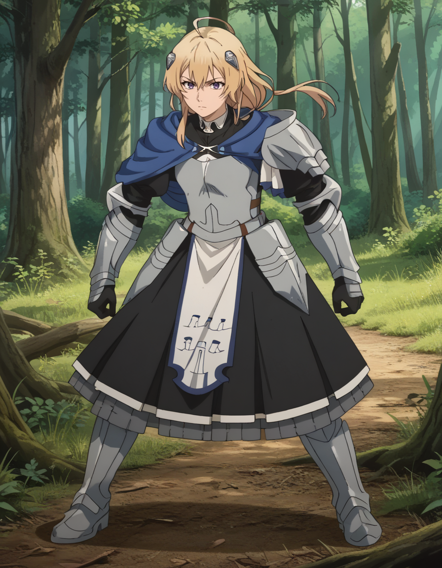 source_anime, score_9, score_8_up, score_7_up, score_6_up, score_5_up, score_4_up, rating_explicit,high resolution, detailed eyes,anime screencap,outdoors,forest,simple background,
,1girl,solo,front view,(fullbody:1.2),fighting pose,
haines <lora:pony_haines:0.9>,
long hair,blonde hair,bangs,hair ornament,capelet,purple eyes,hair between eyes,armor,ahoge,breastplate,gauntlets,shoulder armor,knight,gloves,armored dress,pauldrons,ponytail,plate armor,sidelocks,skirt,armored boots,
serious,looking at viewer,