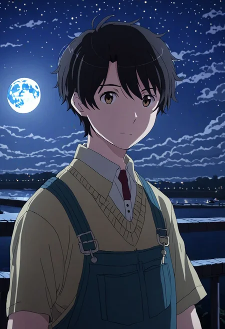 high resolution, solo, best quality, 1Boy, Inaho Kaizuka, Black Hair, Brown Eyes, depth of field, moon, fantastic night, dreamlike, midle of bridge, OverallDetail