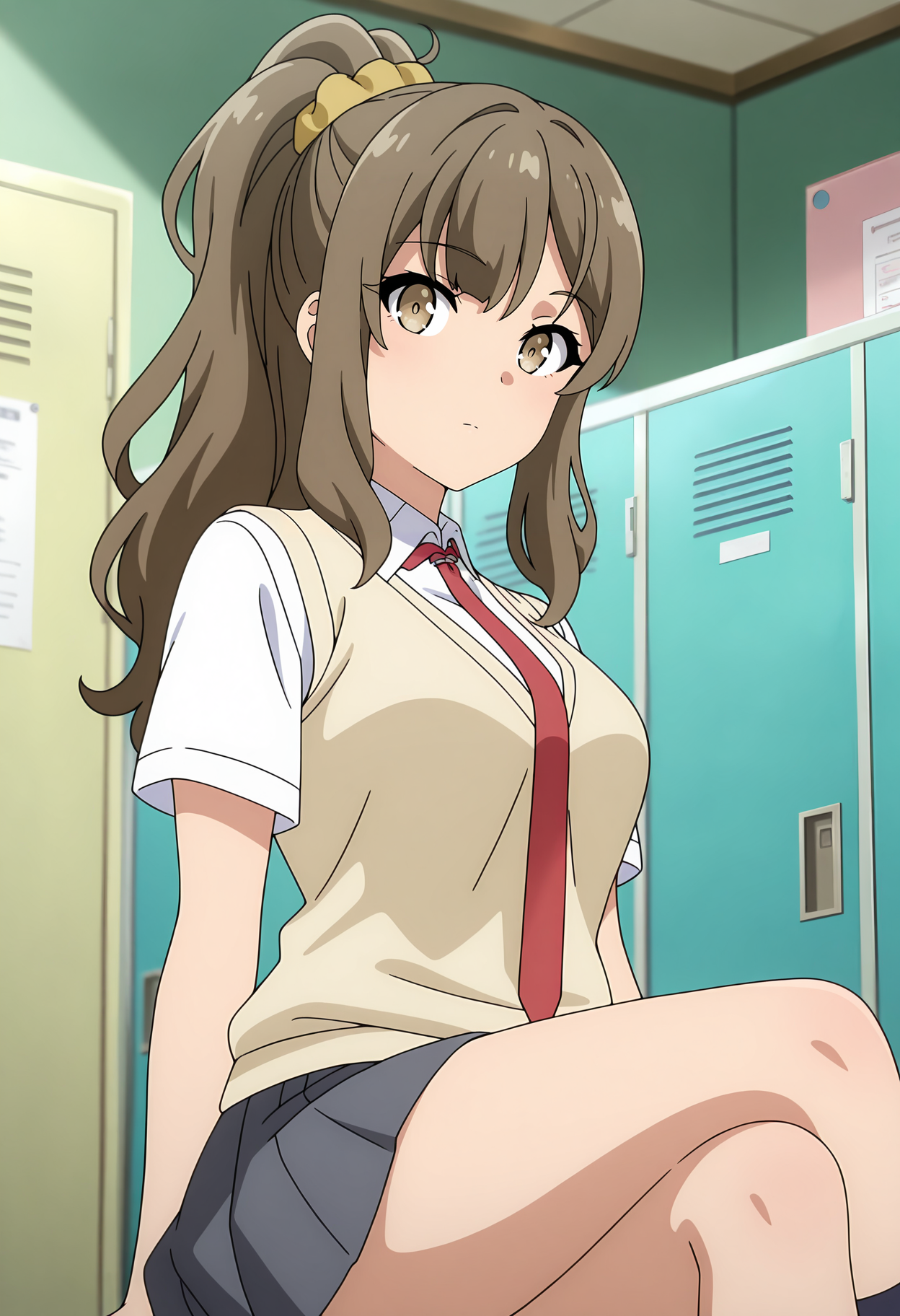 anime screencap, masterpiece, best quality,
<lora:SeishunButaYarou_FutabaRio_IlluXL:0.9>,
1girl, solo, closed mouth,
ponytail, long hair, brown hair, brown eyes, hair scrunchie, yellow scrunchie,
FutabaRio, sweater vest, yellow vest, white shirt, red necktie, short sleeves, pleated skirt, grey skirt,
sitting, crossed legs, looking at viewer,
blurry background, indoors, locker room