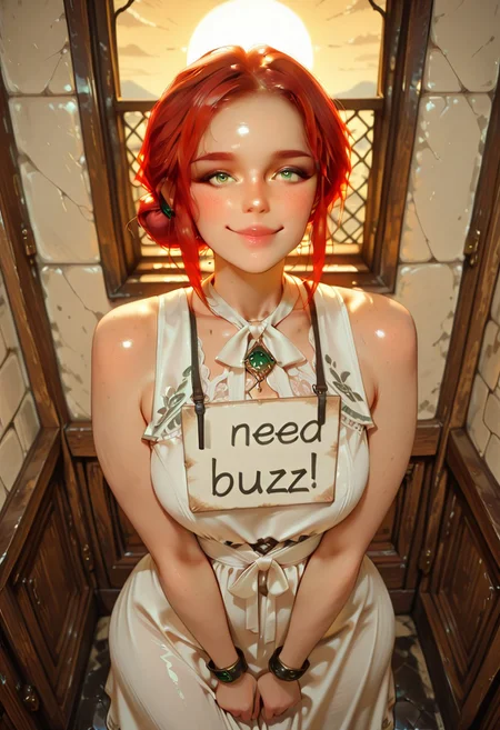 masterpiece, best quality, amazing quality, artist:moriimee, absuredres, highres, cowboy shot, Expressiveh,
1girl, solo, TW3Triss, 1girl, red hair, hair buns, green eyes, holding a sign saying I Need Buzz, full body, wall, looking at viewer,
lips parted, freckles, smile, looking at viewer,
sun dress, white sun dress, bare shoulders
sandals, jewelry,
sun, indoors, artist studio, golden sky