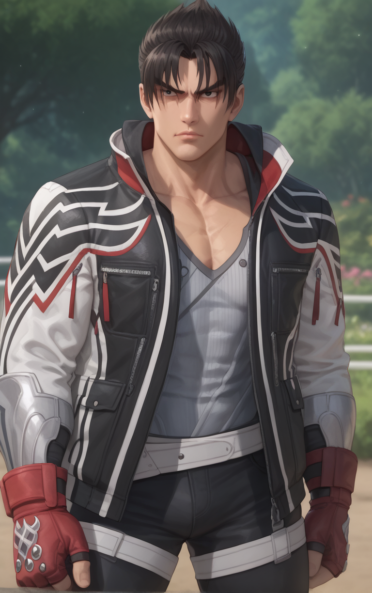 score_9, score_8_up, score_7_up, BREAK 
Jacket_JinKazama_ownwaifu, 
1boy, male focus, short hair, spiked hair, black hair, black jacket, black eyes, jacket, open clothes, open jacket, fingerless gloves, collarbone, bangs, grey shirt, red gloves, parted bangs, black pants, pectorals,  striped shirt, white shirt, white jacket, leather jacket, muscular male, high collar, scar, scar on face, hood down, muscular, hair over eyes, manly, thick eyebrows, belt, dougi, zipper, bara, hair between eyes, lips, long sleeves, serious, bandages, biker clothes, boxing gloves, collared jacket, multicolored jacket, pectoral cleavage, popped collar, 
(leaning forward, arms behind back), cowboy shot, garden, wisteria, outdoors, <lora:PONYXL_TEKKEN_JinKazama_ownwaifu:0.85> , depth of field, solo,