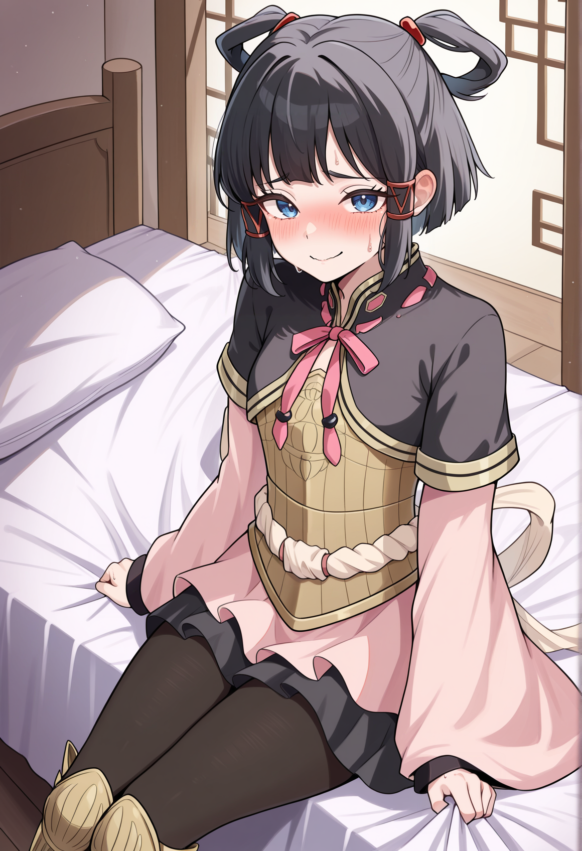 short hair, black hair, blue eyes, sidelocks, hair rings, hair ornament, chinese clothes, ribbon, long sleeves, wide sleeves, miniskirt, black pantyhose, armored boots, indoors, bed, sitting, grabbing sheets, looking at viewer, nervous smile, blush, sweat, embarrassed, closed mouth  <lora:Lyon_XL:1>, masterpiece, best quality, amazing quality, very aesthetic, absurdres, highres, newest