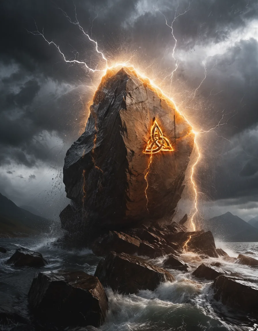 (closeup), lighning hitting montain causing huge rock avalanche, (giant orange burning celtic runes, flames), (stone impact), raining, mountains, rocks, (wet), water dripping, epic stormy gray sky, (cinematic), scifi, lightning , <lora:Desolation:0.6>