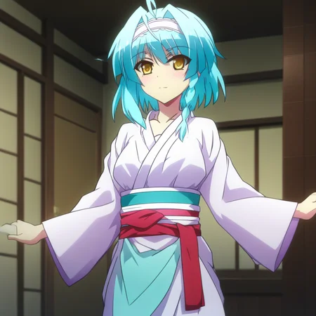 score_9, score_8_up, score_7_up, source_anime, NonakaYuki, 1girl, solo, closed mouth, light smile, blush, aqua hair, yellow eyes, side braid, YukiWedding, japanese clothes, (hood:1.2), white kimono, red sash, standing, looking at the viewer, indoors