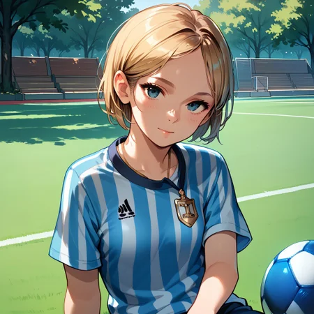 anime coloring, score_9, score_8_up, score_7_up, score_6_up, Sarah-Miller, TLOU, 1girl, solo, looking at viewer, short hair, shirt, blonde hair, blue soccer uniform, sitting, vertical white striped shirt, at the park, upper body. holding sports medal, posing