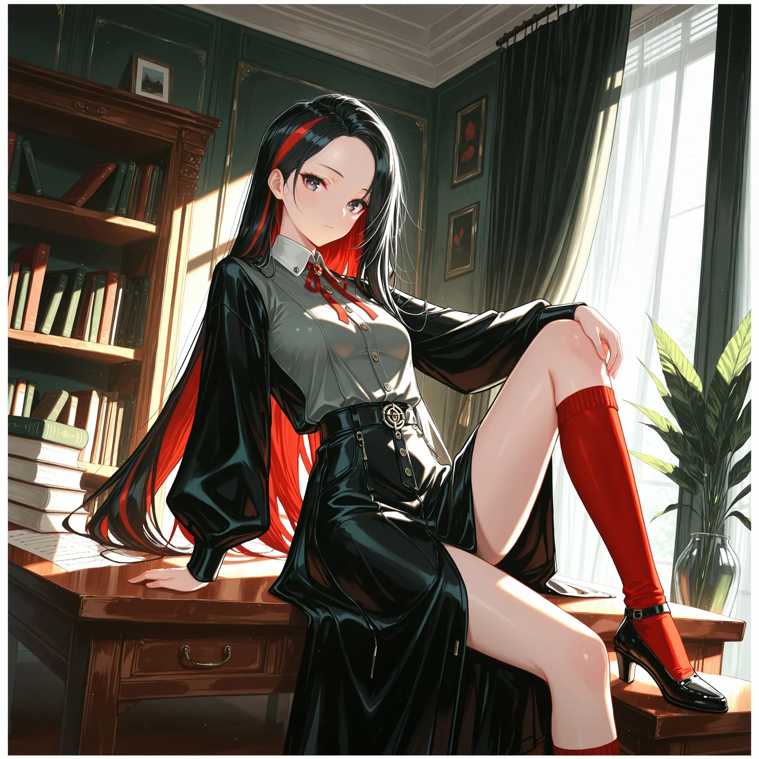 1rregular_b0, hyperdetailed_bg, (realistic_bg:1.4, su22eal_bg:1.3, full_bg:1.3), character focus, (vintage, modern, indoors, messyroom), curtains, plant, book stack, bookshelf, paper, table, (modernstyle:1.2), (detailed background),

(1girl, sitting, on table, on knee up, dynamic pose, looking at viewer),  (official alternate costume), ((great anatomy, correct anatomy, akariL, wide forehead, black hair, long hair, red_streaked_hair, greenish_grey_pupils, red_iris, small breasts)),

dynamic angle,

((masterpiece, absurdres, newest, best quality, visual impact, very aesthetic, perfect quality, absolutely eye-catching)), 4K, detailed facial features, detailed clothing features, detailed texture, 