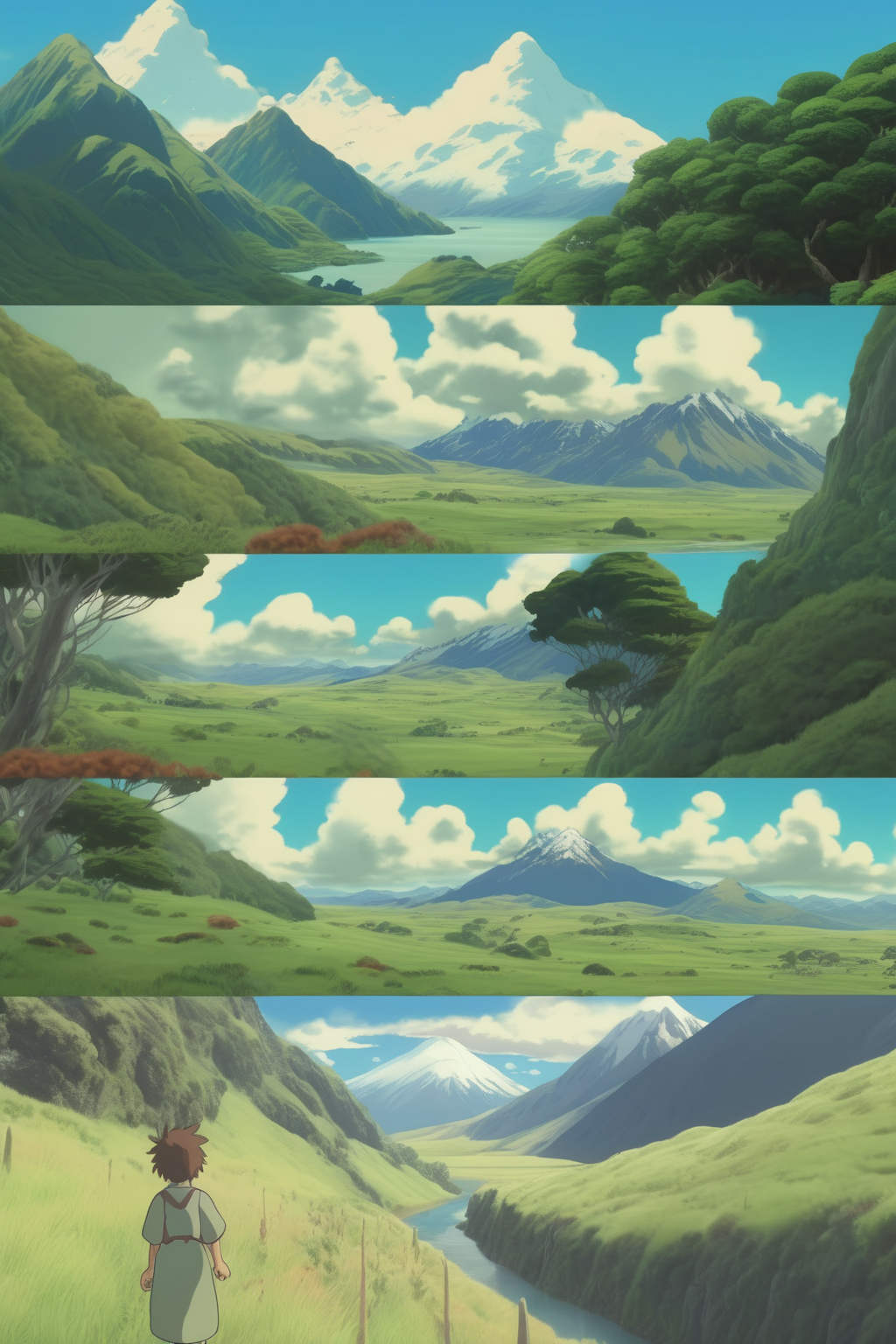 <lora:Studio Ghibli Style:1>Studio Ghibli Style - shots of new zealand scenery in the style of studio ghibli
