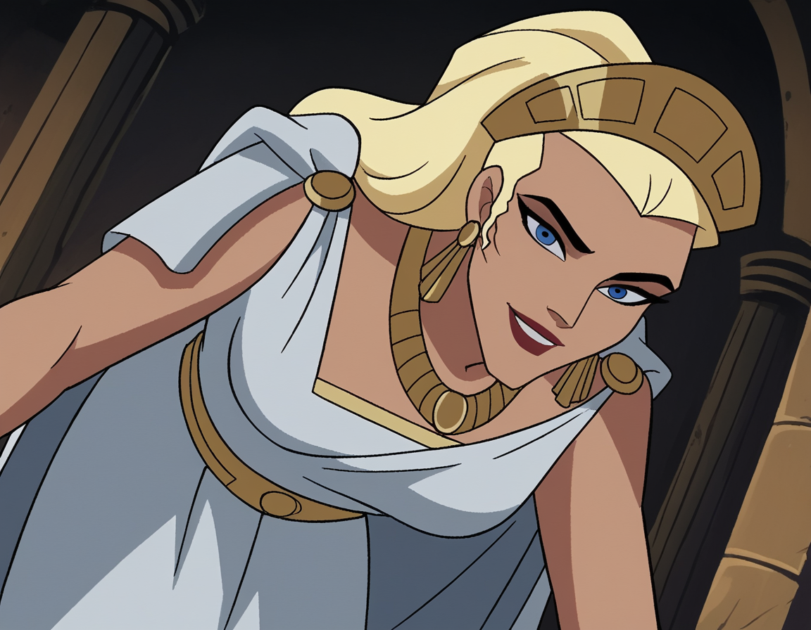 score_9, score_8_up, score_7_up, source_anime,
hippolyta, <lora:hippolyta-dcau-ponyxl-lora-nochekaiser:1>,
hippolyta, long hair, blue eyes, blonde hair, makeup, lipstick,
dress, jewelry, earrings, cape, white dress, necklace, crown, tiara,
indoors, bent over, smile,
cowboy shot, looking at viewer, solo, dutch angle,