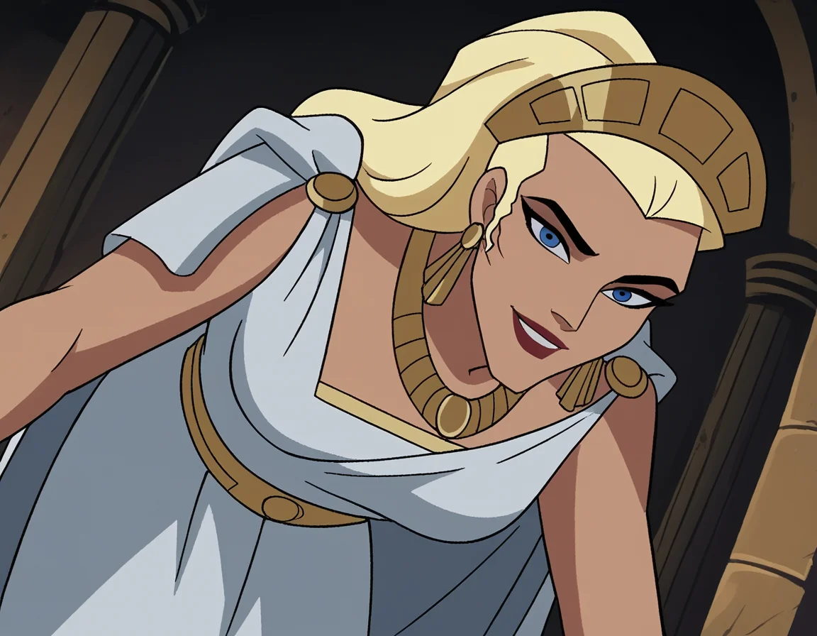 score_9, score_8_up, score_7_up, source_anime,
hippolyta, <lora:hippolyta-dcau-ponyxl-lora-nochekaiser:1>,
hippolyta, long hair, blue eyes, blonde hair, makeup, lipstick,
dress, jewelry, earrings, cape, white dress, necklace, crown, tiara,
indoors, bent over, smile,
cowboy shot, looking at viewer, solo, dutch angle,