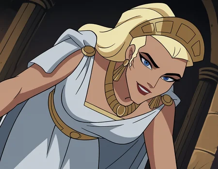 score_9, score_8_up, score_7_up, source_anime,
hippolyta, <lora:hippolyta-dcau-ponyxl-lora-nochekaiser:1>,
hippolyta, long hair, blue eyes, blonde hair, makeup, lipstick,
dress, jewelry, earrings, cape, white dress, necklace, crown, tiara,
indoors, bent over, smile,
cowboy shot, looking at viewer, solo, dutch angle,