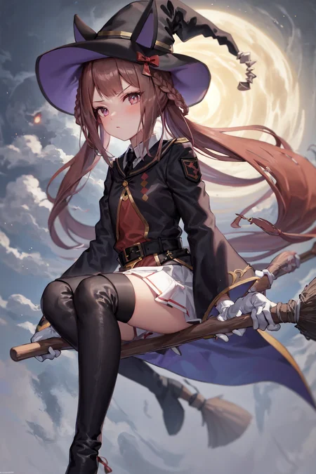 masterpiece, best quality,
sweep tosho \(umamusume\),
(broom, broom riding:1.2), full moon, cloud,
witch hat, black headwear, black necktie, collared shirt, red shirt, white gloves, wide sleeves, black jacket, black robe, buckle, belt, white skirt, pleated skirt, black thighhighs, thigh boots, high heel boots,
<lora:sweep_tosho_locon_1.0:0.8>
