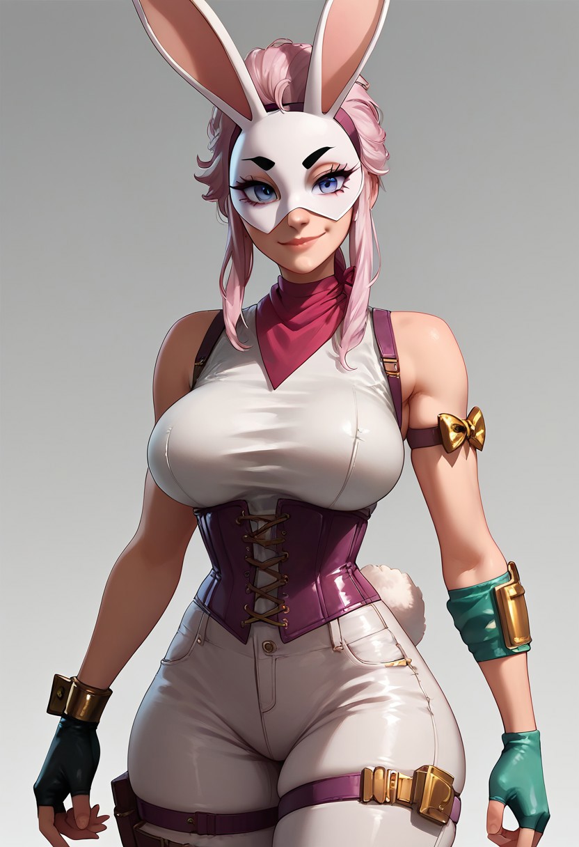 Score_9, score_8_up, score_7_up, best quality,
Stella, 1girl, Bunny Mask, skinny waist,sleeveless shirt, corset, pants, rabbit tail, fingerless gloves, kneepad, shinpad, bow thighstrap, gold wristband, bandana on arm, looking at viewer,  looking at viewer, smirk, upper body, big breasts, wide hips, thick thighs, sexy, latex, skintight,