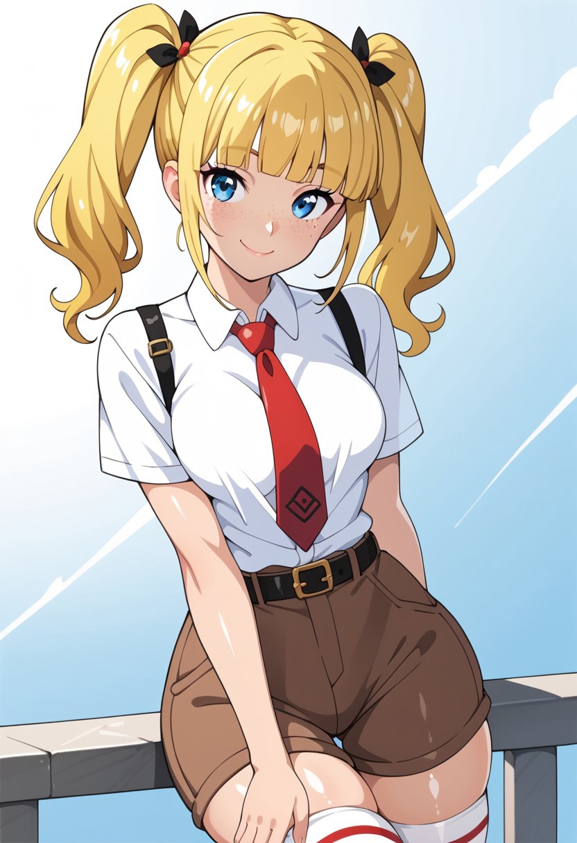 score_9, score_8_up, score_7_up, , shiny skin:0.1, source_anime, , deep skin,, high quality, highres, , 1girl, (curvy), ((wide hips)),, thick thighs, cute, , sexy, medium breasts, solo, SBSPGijinka, yellow hair, blue eyes, short sleeves, collared shirt, white shirt, red necktie, brown shorts, black belt, white socks, striped socks, freckles, smile, twintails, blunt bangs, closed mouth, outside