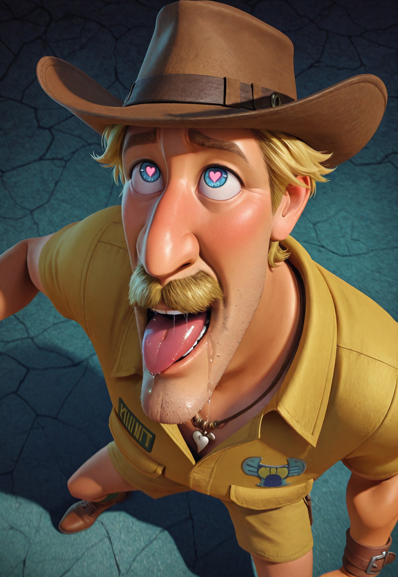 masterpiece, best quality, amazing quality, detailed background, intricate details, dynamic, cinematic, animated, anime realistic shading, solo, male focus, 1boy, handsome, ch4z, blond hair, blue eyes, thick moustache, stubble, necklace, beige zoo uniform, brown leather hat, beige shorts, utility belt, leather wristband, dark green socks, brown boots, heart shaped pupils, tongue out, saliva, eye roll, ikigao, abstract background, from above, high angle