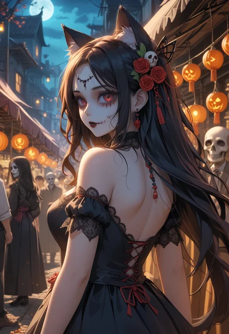 score_9, score_8_up, score_7_up, score_6_up, dynamic, (anime, masterpiece), best quality, (8k), detailed background, sharp focus, intricate, ambient lighting, super high quality, hyper detailed background, cinematic lighting, adult, double tone long hair, mature, Day of the Dead, embedding:zPDXLxxx, spooky, cat ears, long dress, behind, market, addDetailXl.MLUV, Nyaomi<lora:Nyaomi.safetensors:1.0:1.0> <lora:addDetailXl.MLUV.safetensors:1.0:1.0>