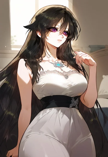 zPDXL3, score_9_up, score_8_up, score_7_up, (Anime_source), 1girl, Reneille, purple eyes, black hair, long hair, Reneille clothes, sleeveless, cowboy shot, 1girl, solo, bedroom,