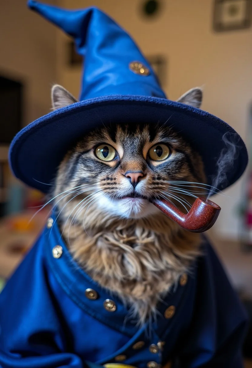 photograph of a happy fluffy long-haired domestic cat named Allie wearing a blue wizard hat and robe, smoking a pipe.