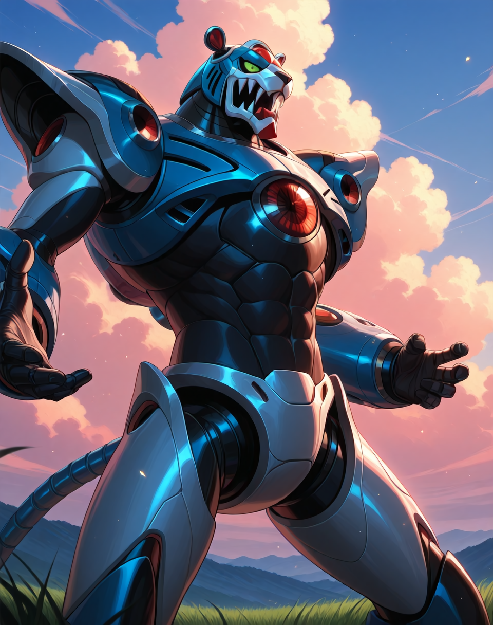 <lora:Neon_Tiger_(Mega_Man_X)_(Illustrious)_(AD):1> Neon Tiger, reploid, MMX, 
exterior, sky with clouds, grassy valley,
male focus, intense shadows, dynamic shadows, intricate details, attention to details, gradient coloring, bright vivid colors, robot, bent leg, glossy metal body, cowboy shot, abs, 
BREAK very awe, masterpiece, best quality, amazing quality, very aesthetic, highres, absurdres, photographic realism, 8K CGI render,
EZRealPONYXL, zPDXL, Smooth Quality, lazynsfw,