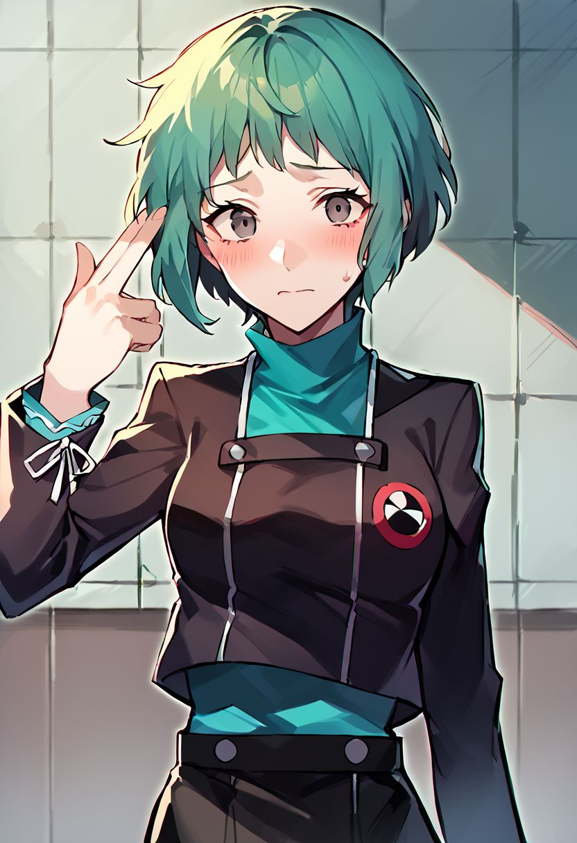 score_9, score_8_up, score_7_up, source_anime, 1girl, solo, medium breasts, outside, finger gun to head, upper body, worried, nervous, fuukadef, aqua hair, short hair, grey eyes, school uniform, green turtleneck,gekkoukan school uniform