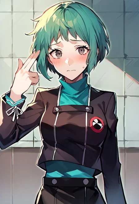 score_9, score_8_up, score_7_up, source_anime, 1girl, solo, medium breasts, outside, finger gun to head, upper body, worried, nervous, fuukadef, aqua hair, short hair, grey eyes, school uniform, green turtleneck,gekkoukan school uniform