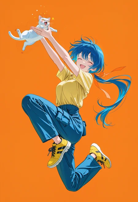 masterpiece,best quality,amazing quality,very aesthetic,absurdres,newest, 1girl, yellow shirt, blue hair, low ponytail, happy, light blush, closed eyes, hands up, floating hair, midair, floating, jumping, cargo pants, blue pants, white cat, simple background, orange background, yellow footwear, short sleeves, hair ribbon, orange ribbon, facing viewer, bent knees, arms up, 
hiro \(dismaless\),  <lora:z3zz4_075:0.8>,