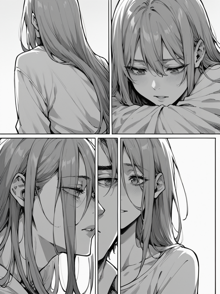 score_9, score_8_up, score_7_up, score_6_up, 1girl, m4ng4, manga, monochrome, greyscale, long hair, couple, hetero, 1boy, comic, <lora:m4ng4XLP:1> panels,