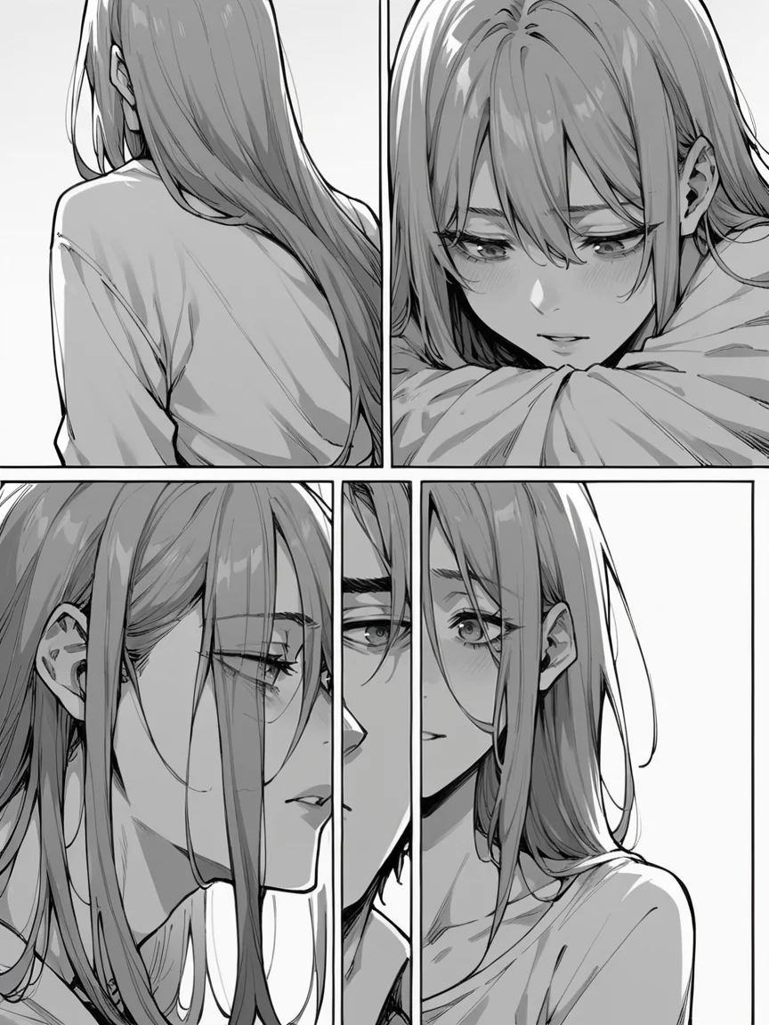 score_9, score_8_up, score_7_up, score_6_up, 1girl, m4ng4, manga, monochrome, greyscale, long hair, couple, hetero, 1boy, comic, <lora:m4ng4XLP:1> panels,