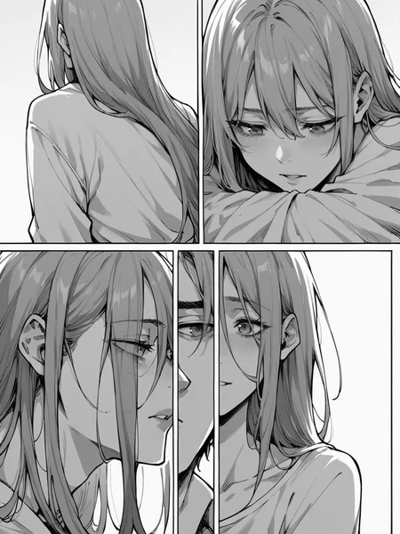 score_9, score_8_up, score_7_up, score_6_up, 1girl, m4ng4, manga, monochrome, greyscale, long hair, couple, hetero, 1boy, comic, <lora:m4ng4XLP:1> panels,