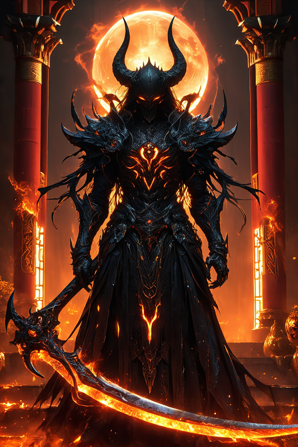 A dark overlord wearing intricate black armor, with glowing orange runes and sharp, menacing features. He holds a large, glowing scythe adorned with a skull. The scene is set in a fiery, chaotic environment, with flames and smoke surrounding a traditional Chinese pagoda in the background. The atmosphere is eerie and ominous, with a detailed, high-quality fantasy art style. The dark lord's eyes glow with a sinister light, and his armor has an otherworldly, demonic design, emphasizing his power and malevolence.
<lora:HKStyle:0.7> HKStyle,
<lora:XL_Weapon_Scythe_-_By_HailoKnight_V2:0.5> Scythe,
<lora:add-detail-xl:1.0>,
<lora:EnvyBetterHiresFixXL01:1.0>,
<lora:extremely_detailed:1.0>, extremely detailed,
