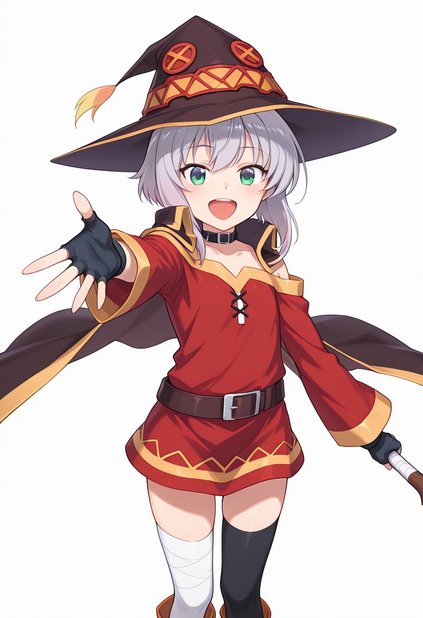 score_9, score_8_up, score_7_up, ASCII score_9, source_anime, 8K,best quality, hyper detailed,masterpiece, UHD,illustration,1boy, otoko no ko, knight's & magic, ernesti echevalier,Megumin-Liver020, grey hair,green eyes,bangs,red dress, short dress, witch hat, cape, black cape, brown cape, gloves, black gloves, fingerless gloves, thighhighs , black thighhighs, asymmetrical legwear, single thighhigh, boots, black belt, brown belt, belt buckle, choker, black choker, collar, bandages, bandaged leg, staff, holding staff, bare shoulders, long sleeves, collarbone, mismatched legwear, brown footwear, orange footwear, black headwear, brown headwear, zettai ryouiki, off shoulder,white background, simple background,off-shoulder dress, looking at viewer, cowboy shot, :d, outstretched hand,