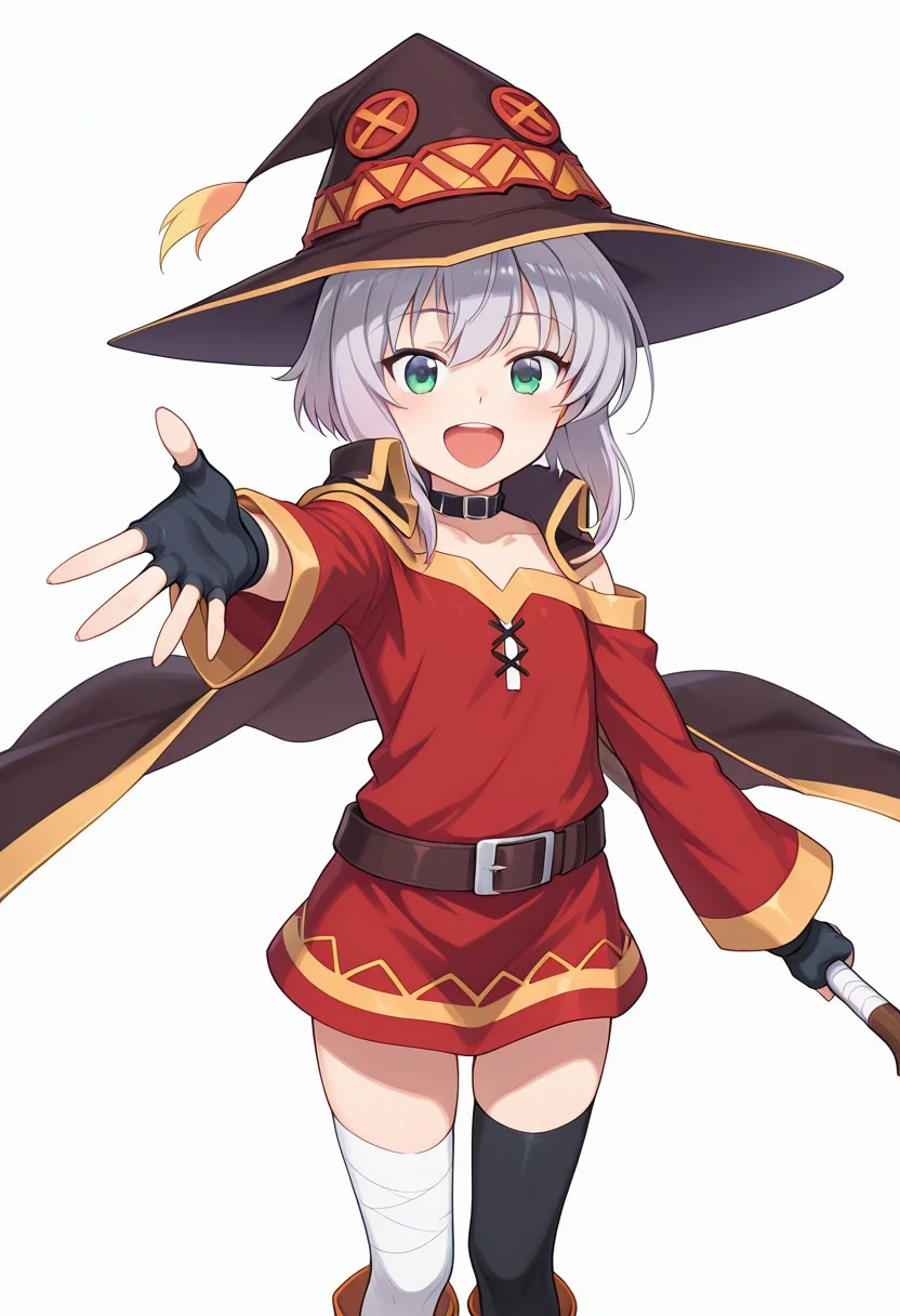 score_9, score_8_up, score_7_up, ASCII score_9, source_anime, 8K,best quality, hyper detailed,masterpiece, UHD,illustration,1boy, otoko no ko, knight's & magic, ernesti echevalier,Megumin-Liver020, grey hair,green eyes,bangs,red dress, short dress, witch hat, cape, black cape, brown cape, gloves, black gloves, fingerless gloves, thighhighs , black thighhighs, asymmetrical legwear, single thighhigh, boots, black belt, brown belt, belt buckle, choker, black choker, collar, bandages, bandaged leg, staff, holding staff, bare shoulders, long sleeves, collarbone, mismatched legwear, brown footwear, orange footwear, black headwear, brown headwear, zettai ryouiki, off shoulder,white background, simple background,off-shoulder dress, looking at viewer, cowboy shot, :d, outstretched hand,