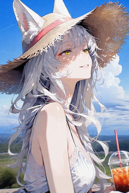 1girl, solo, mature female, fox girl, white hair, long hair, animal ears, yellow eyes, sundress, straw hat, from side, face focus, wind, upper body, parted lips, smile, drink, holding, shadow, masterpiece, best quality, highres, absurdres, newest, year 2024, year 2023, aesthetic, very aesthetic, (photo background:1.5), sky, cloud, blue sky