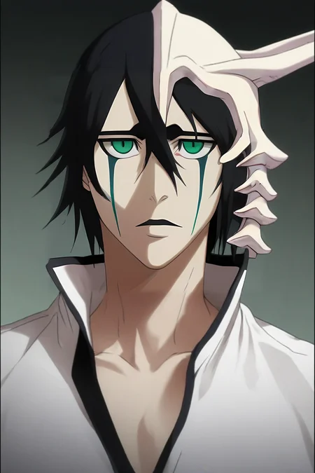 score_9, score_8_up, score_7_up, source_anime, (photorealistic:0.6), , upper body, , 1boy, solo, male focus, <lora:ulquiorra_cifer_pony:0.78>, ulquiorra_cifer, black hair, green eyes, facial mark, hair between eyes, , science fiction western, , <lora:sdxl_lightning_8step_lora:1>